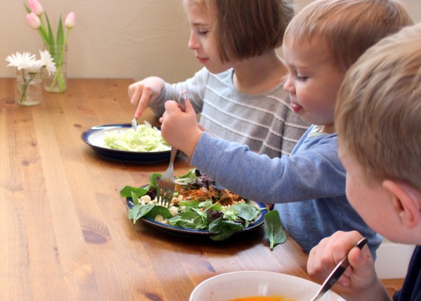 kids eating salad and soups