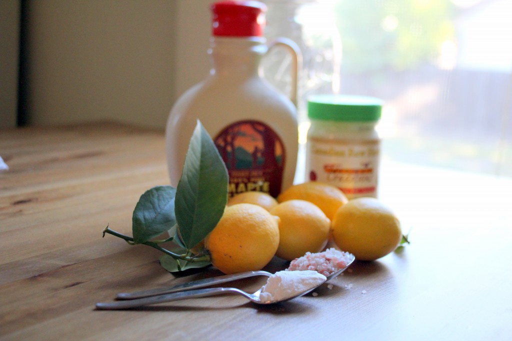 homemade gatorade/ Rehydration drink ingredients- lemon, honey or maple syrup, salt, baking soda