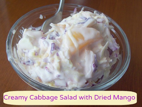 creamy cabbage salad with dried mango