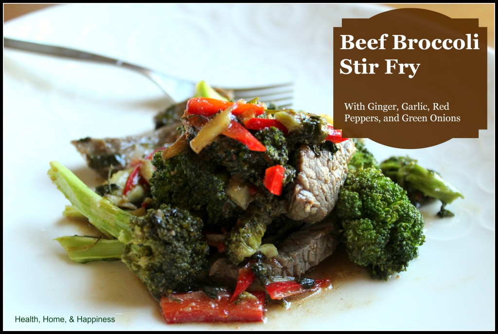 Beef broccoli stir fry with ginger, garlic, and red peppers