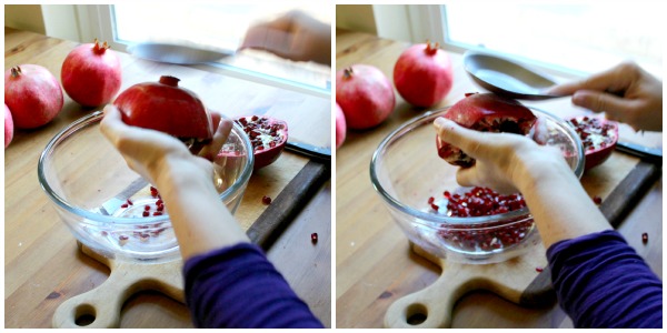 De-seed a pomegranate in 5 mins or less - Step 4 - thwak out the seeds using a wooden spoon or similar object