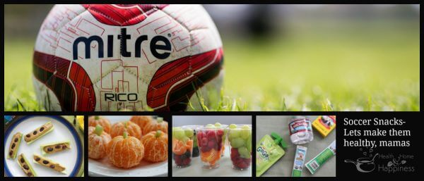 a soccer game and soccer snacks of celery with peanutbutter, peeled clemintine oranges 'pumpkins' with little stems of cut celery, clear cups filled with fresh fruit, and packaged raisins applesauce string cheese and water