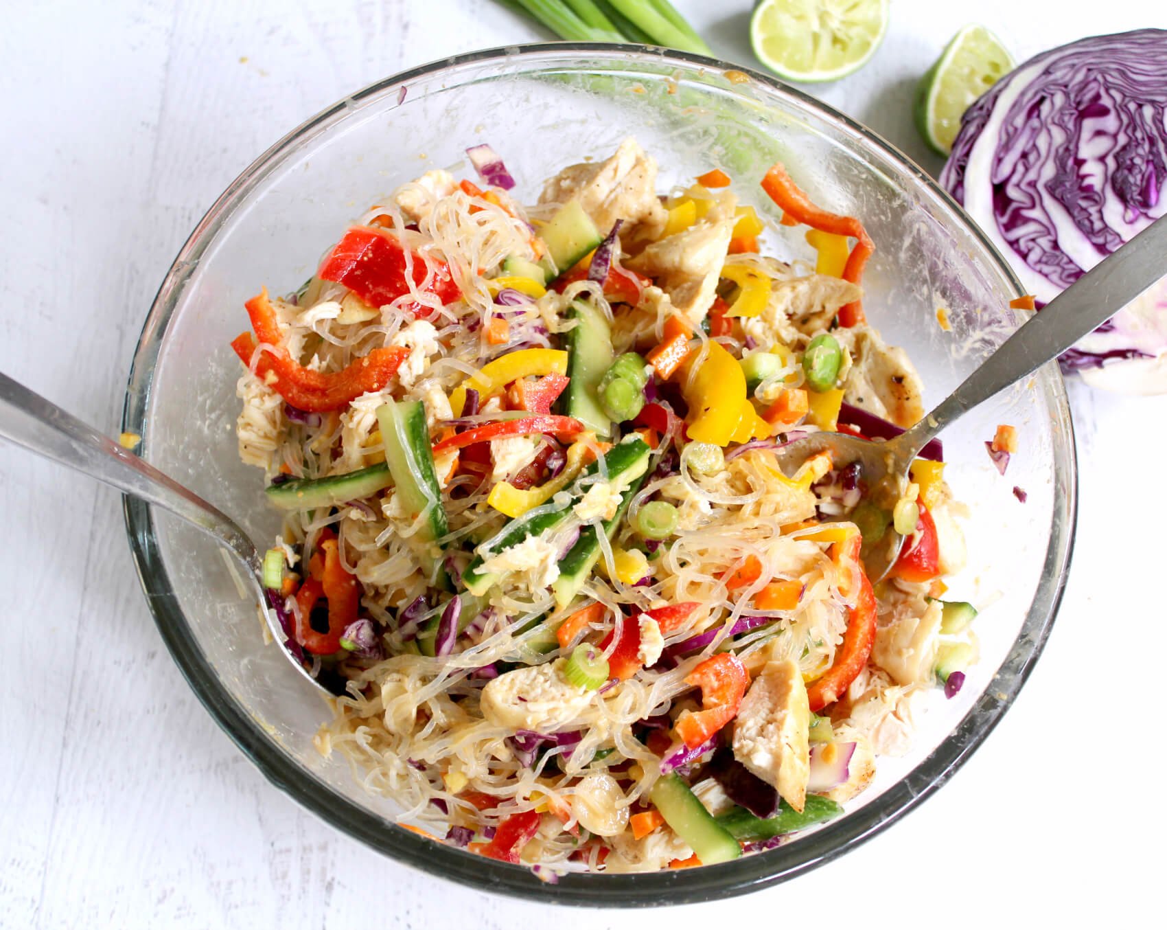 Grain-Free Confetti Chicken Noodle Salad with Lime-Almond Dressing