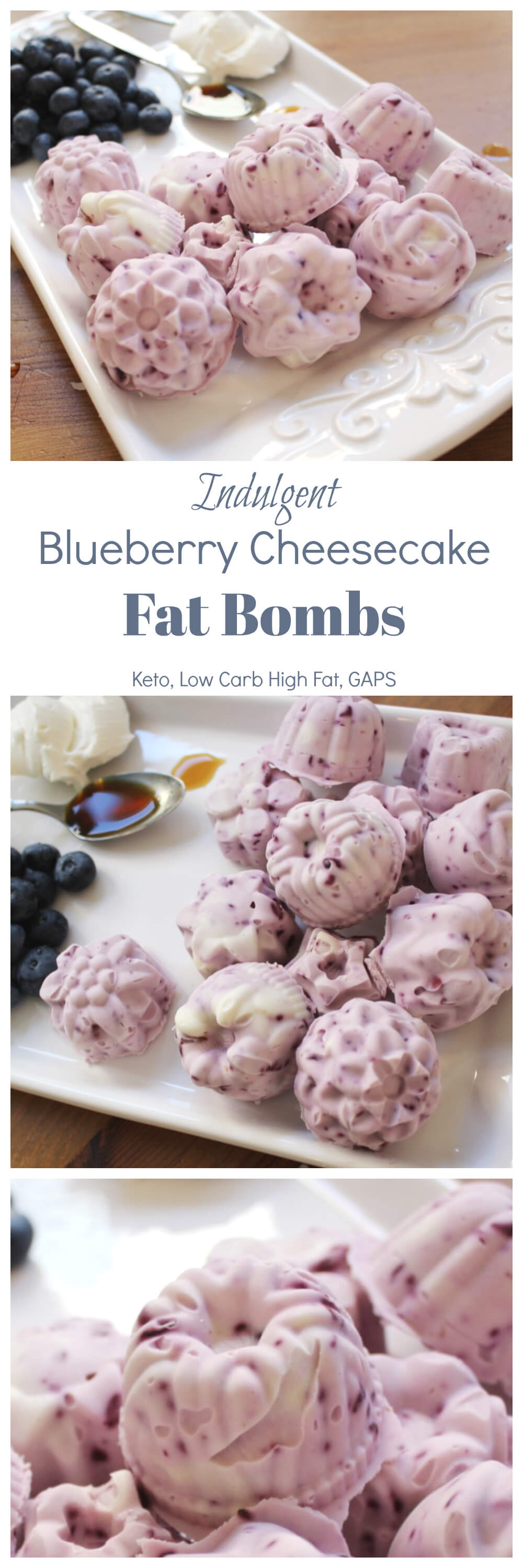 keto Blueberry Cheesecake Fat Bombs on a white tray with ingredients 
